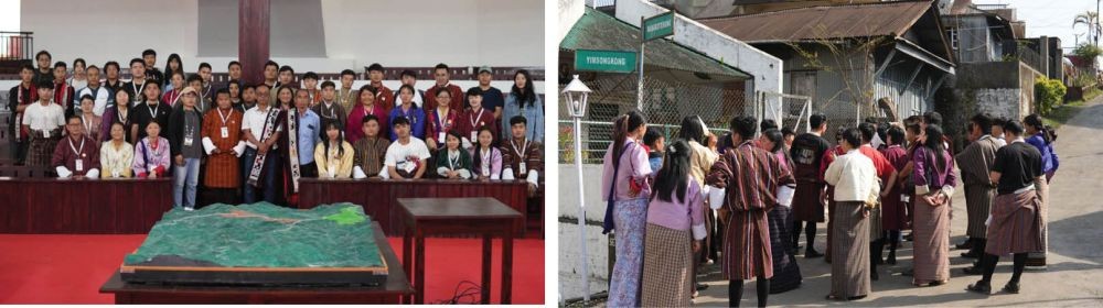 (Left) The students with representatives from Ungma Village Council at Ungma Rural Assembly. (Right) At Ungma Village.